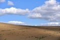 Big white clouds in a blue sky above field