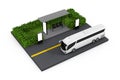 Big White Coach Tour Bus Near Bus Stop Station with Blank Billboards. 3d Rendering