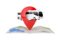 Big White Coach Tour Bus over Folded Abstract Navigation Map with Target Pin Pointer. 3d Rendering