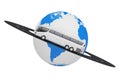 Big White Coach Tour Bus over Road Around Earth Globe. 3d Render Royalty Free Stock Photo