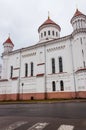 The big white facade of the Russian Orthodox Cathedral of the Dormition of the Theotokos on Maironio street in Vilnius, Lithuania