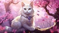 a big white fantasy anime cat sitting on a cherry tree, ai generated image