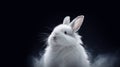 Big white fluffy rabbit full face on black background with smoke