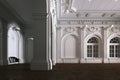 Big white interior of church with wood parquet floor 3D render