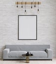 big white living room.loft interior design,gray sofa,lamp,metal table,carpet wall for mockup and copy space Royalty Free Stock Photo