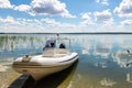 Big white modern fishing motorboat moored at lake or river shore sand pebble beach against scenic blue sky on bright sunny summer Royalty Free Stock Photo