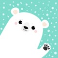 Big white polar bear waving hand paw print. Cute cartoon funny kawaii baby character. Merry Christmas Greeting Card. Flat design. Royalty Free Stock Photo