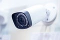 Big white professional surveillance camera. CCTV mounted on ceiling. LED IR lights around lens. Security system concept. Copyspace Royalty Free Stock Photo