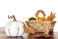 Big white pumpkin on wooden table with dry maple leaves and basket full of pumpkins in the background Royalty Free Stock Photo