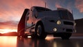 Big white semi - trailer truck closeup on asphalt road highway at sunset - transportation background. 3d illustration Royalty Free Stock Photo