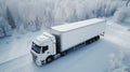 Big white truck driving along the snowy highway through the forest on a winter day. Commercial transportation. Generative AI,