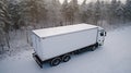 Big white truck driving along the snowy road through the forest on a winter day. Delivery in cold climate. Generative AI