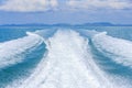 Big white wave and water splash from ferry boat sailing to Island. Royalty Free Stock Photo