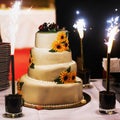 Big white weddin cake decorate sunflowers ladybird and firework Royalty Free Stock Photo