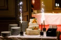 Big white weddin cake decorate sunflowers ladybird and firework Royalty Free Stock Photo