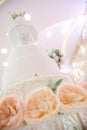 Big white wedding cake with fruit is on the table Royalty Free Stock Photo