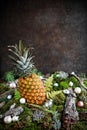 Big whole pineapple on the moss cover with branches and new year decor.