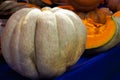 Big whole pumpkin with slices on a blue table