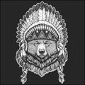 Big wild grizzly bear Cool animal wearing native american indian headdress with feathers Boho chic style Hand drawn