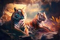 Big wild tiger cat couple safari background illustration Generative AI Royalty Free Stock Photo