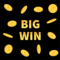 Big Win banner. Golden text with flying dollar sign gold coin rain. Decoration element for online casino, roulette, poker, slot ma Royalty Free Stock Photo