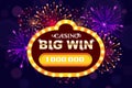 Big Win glowing banner for online casino, slot, card games, poker or roulette. Jackpot prize design background. Winner
