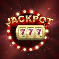 Big win on jackpot casino win. Golden slot machine. 777 on slot machine wheels. Retro signboard on red background with light rays