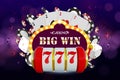 Big win 777 lottery vector casino concept with slot machine, playing chips. Win jackpot in game slot machine Royalty Free Stock Photo