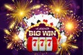 Big win 777 lottery vector casino concept with slot machine, playing chips. Win jackpot in game slot machine