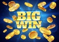Big win. Prize label with gold flying coins, winning game. Casino cash money jackpot gambling vector abstract background Royalty Free Stock Photo
