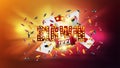 Big win, slot machine, cards, falling golden coins and chips on orange and purple blurred background Royalty Free Stock Photo