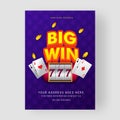 Big Win template design with realistic slot machine, playing cards.