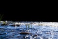 Big windy waves splashing over rocks. Wave splash in the lake isolated on black background. Waves breaking on a stony beach Royalty Free Stock Photo