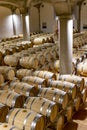 Wine cellar with old oak barrels, production of red dry or sweet wine in Marsala, Sicily, Italy Royalty Free Stock Photo