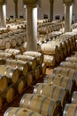 Big wine cellar with old oak barrels, production of red dry or sweet wine in Marsala, Sicily, Italy Royalty Free Stock Photo