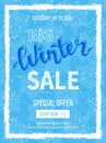 Big winter sale banner, poster, flyer template in snow frame with blue snowflakes background. Special seasonal offer. Discount Royalty Free Stock Photo