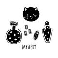 Big witch magic design elements collection. Cute hand drawn, doodle, sketch magician set. Witchcraft symbolscat, bones Royalty Free Stock Photo