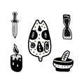 Big witch magic design elements collection. Cute hand drawn, doodle, sketch magician set. Witchcraft symbolsknife Royalty Free Stock Photo