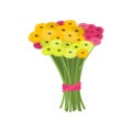 Big wonderful bouquet of pink and yellow gerberas tied with ribbon on empty background