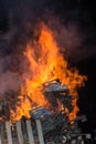 Big Wood Campfire with High Flames at Night Royalty Free Stock Photo