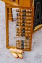 Big Wooden Abacus At Chalkboard Crayon Set Outside Royalty Free Stock Photo