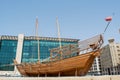 Big wooden ancient arabian ship at the square in the city