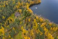 Drone view point of rural area in Autumn with lake Boroye, The big wooden house in forest, Piers on the lake, Valday Royalty Free Stock Photo