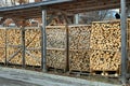 Big woodshed with cutted wooden logs