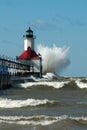 Big WOOSH! wave and michigan lighthouse Royalty Free Stock Photo