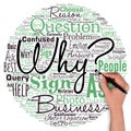 Big word cloud in the shape of circle with word why with hand and pen. Asking for what reason and purpose Expressing