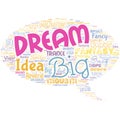 Big word cloud in the shape of speech bubble with words dream big. To think of something high value that you want to Royalty Free Stock Photo