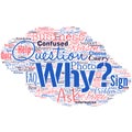 Big word cloud in the shape of UFO with word why. Asking for what reason and purpose Expressing surprise