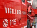 big words VIGILI DEL FUOCO meaning firefighters on red firetruck Royalty Free Stock Photo