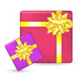 Big yellow bow on a gift box top view. EPS10 vector birthday background Royalty Free Stock Photo